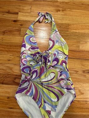 Authentic Emilio Pucci Print Halter One-Piece Swimsuit in Purple & Lime